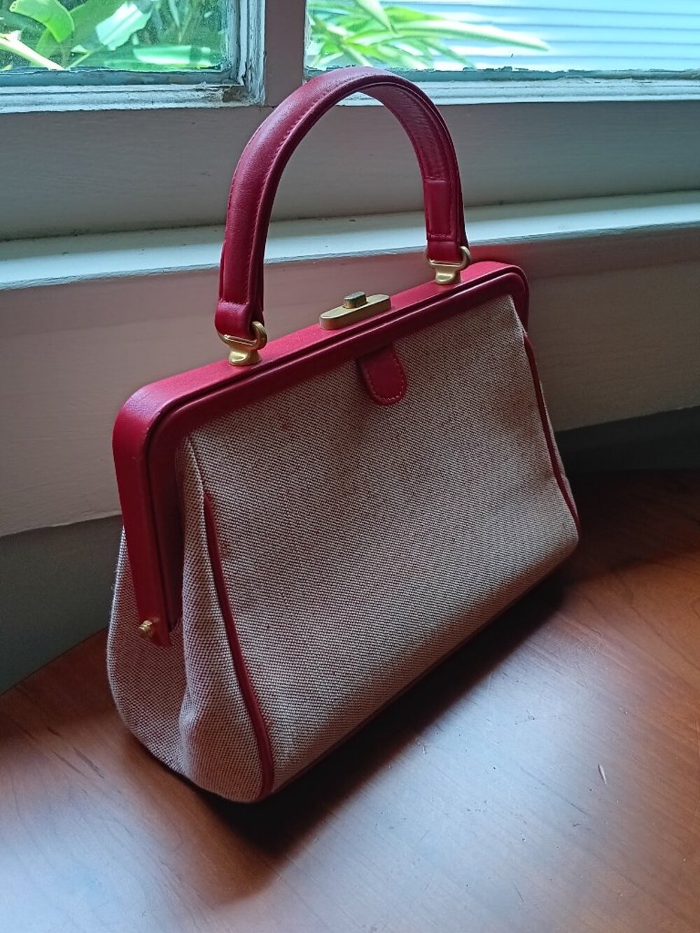 Red Leather and Canvas Small Handle VINTAGE Handbag